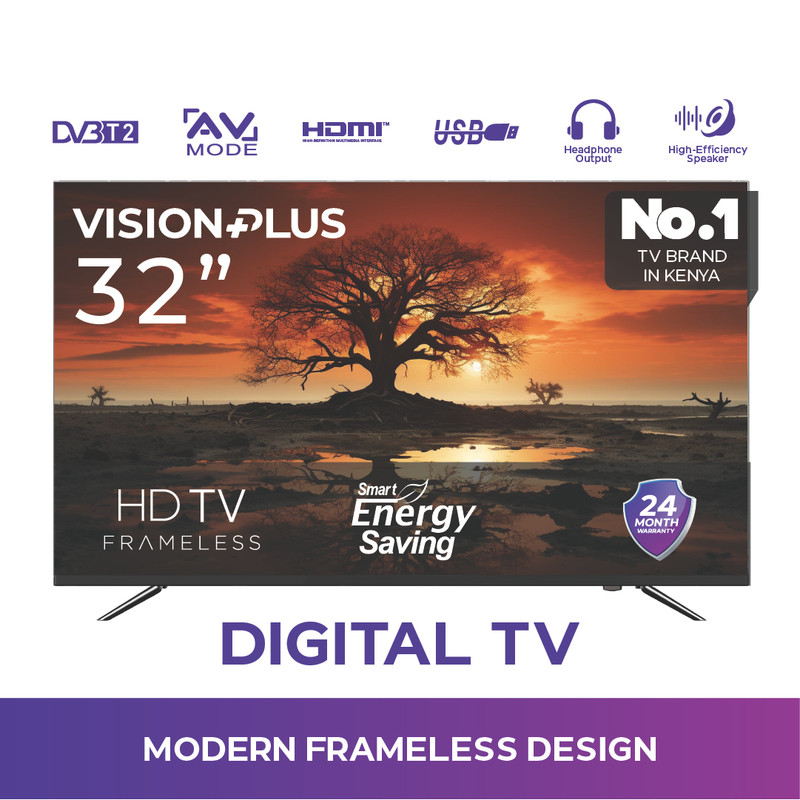 Vision Plus VP8832DF - 32" Digital HD Frameless TV, DVBT2/S2 - Black (2YRS WRTY)